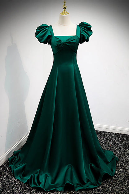 Square Short Sleeves A-Line Satin Party Prom Dress