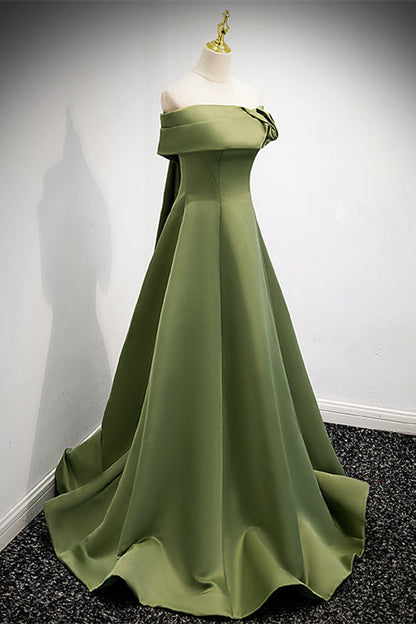 Casual Satin A-Line Off-Shoulder Green Party Evening Dress
