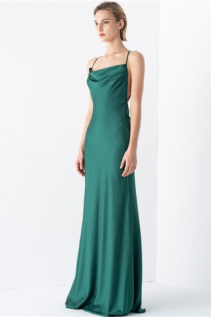 Spaghetti Straps Backless Satin Long Party Evening Dress