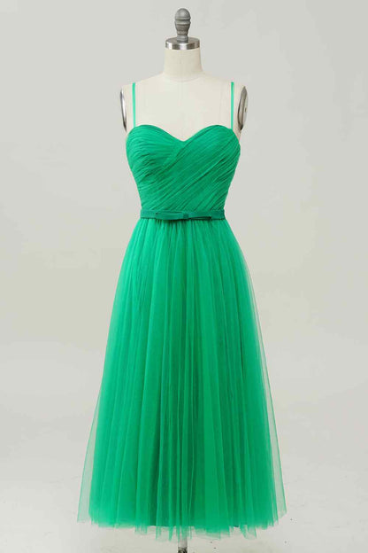Green A-line Sweetheart Sleeveless Tulle Midi Party Prom Dress