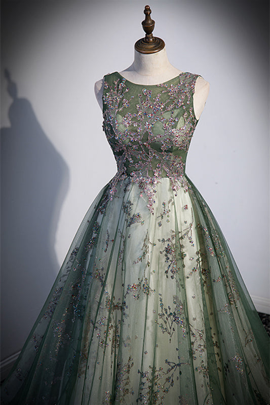 Round Sleeves A-Line Tulle Appliques Prom Dress