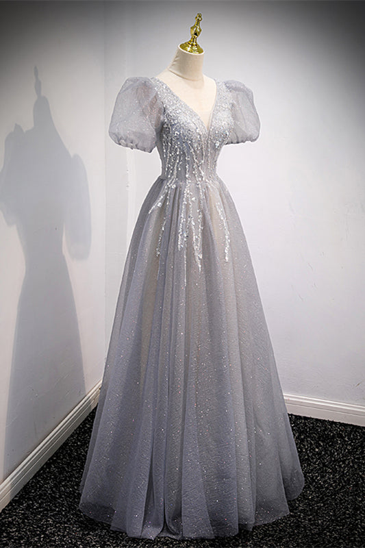 V-Neck Short Sleeves Appliques Floor-Length Party Evening Dress