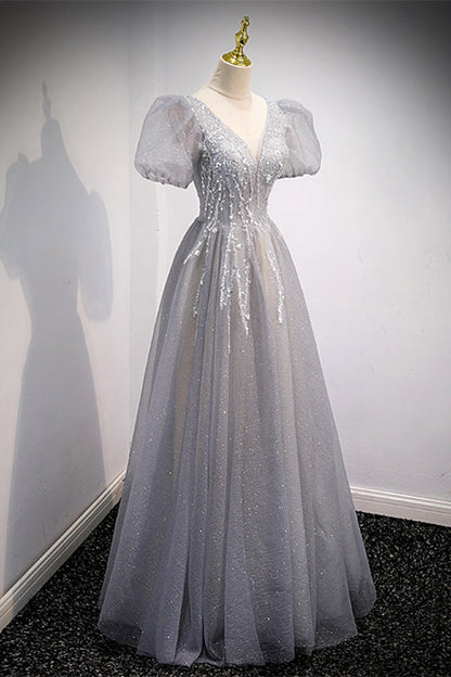 V-Neck Short Sleeves Appliques Floor-Length Party Evening Dress