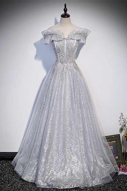 Sparkly Tulle A-Line Ruffle Off-Shoulder Prom Party Dress