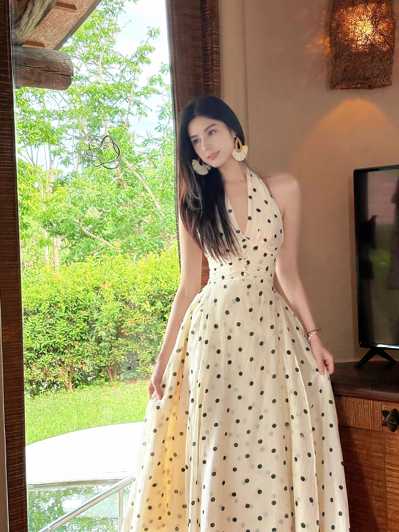 Cute Halter V Neck A Line Polka Dot Prom Dress Long Party Dress SP2003