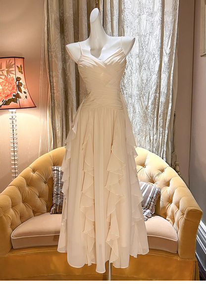 Classy White Spaghetti Straps Chiffon Ruffles Long Wedding Guest Dress Party Dress SP2011