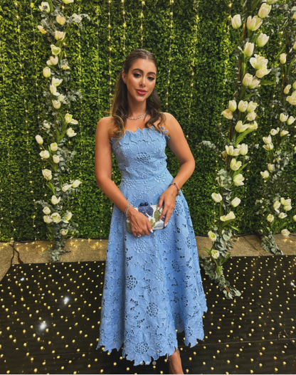 Pretty Blue Strapless Lace A Line Long Party Dress Birthday Prom Dress SP1424
