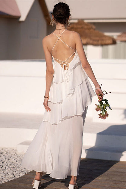 Halter White Tiered Chiffon Maxi Dress