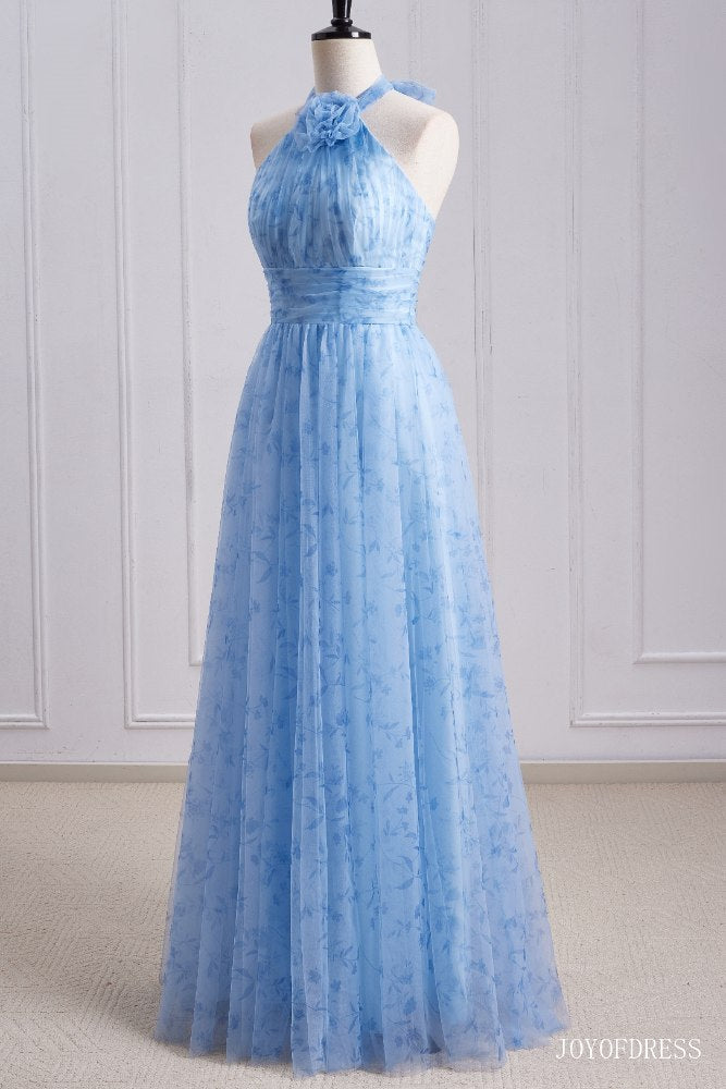 Halter Blue A-Line Long Bridesmaid Dress with Floral