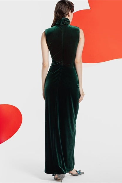 High Neck Dark Green Velvet Fitted Party Prom Dress