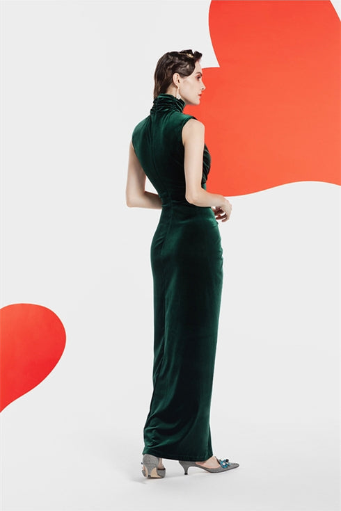 High Neck Dark Green Velvet Fitted Party Prom Dress