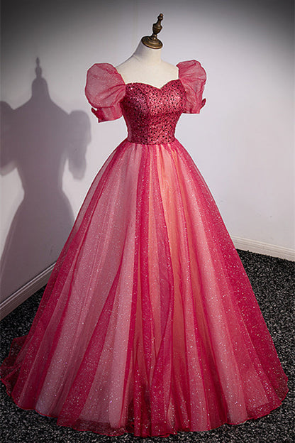 Sweetheart Short Sleeves Tulle A-Line Sparkly Party Prom Dress