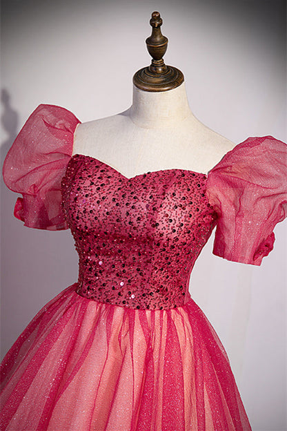 Sweetheart Short Sleeves Tulle A-Line Sparkly Party Prom Dress