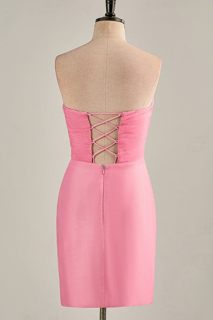 Hot Pink Strapless Chiffon Knee Length Homecoming Dress