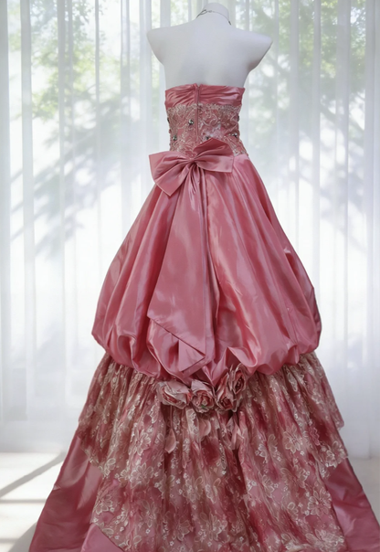 Stunning Pink Strapless Satin Lace Beaded Long Birthday Party Dress Prom Dresses SP1524