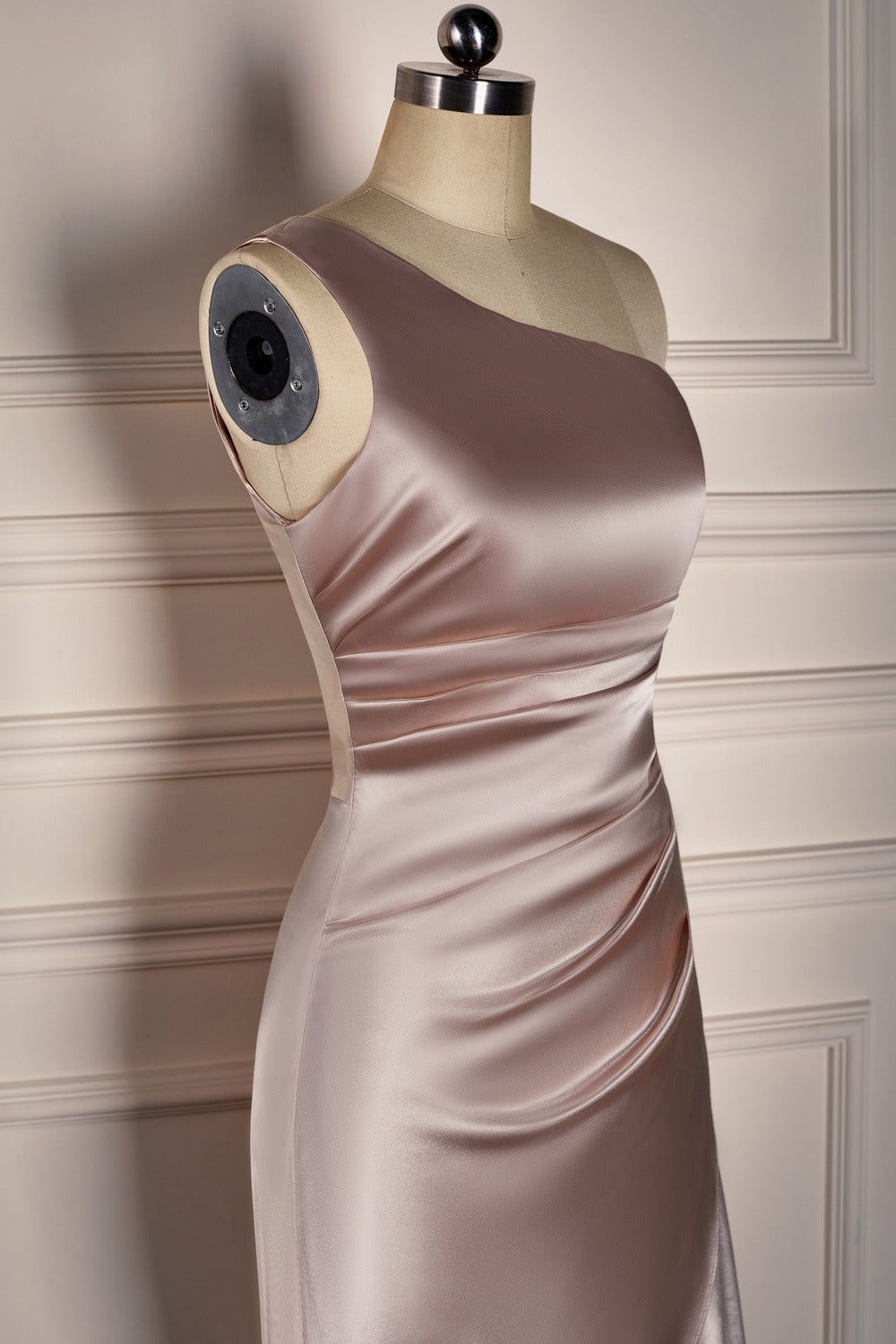 Champagne One Shoulder Satin Faux-Wrap Long Bridesmaid Dress