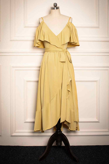 Yellow V Neck Flaunt Sleeves Faux-Wrap Chiffon Knee Length Bridesmaid Dress