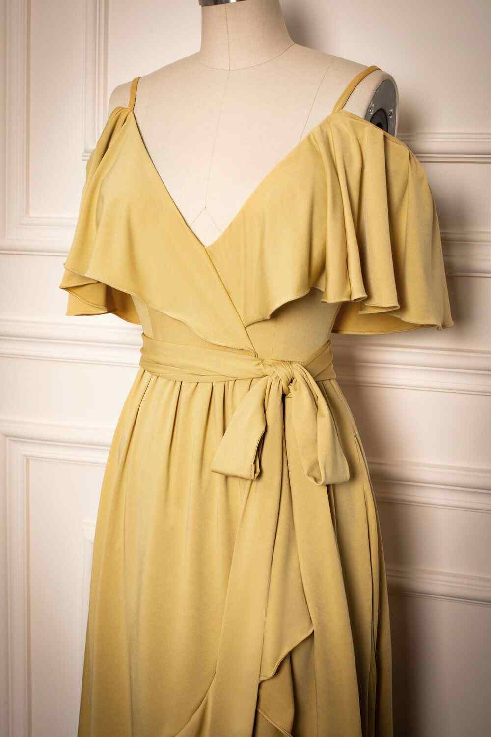 Yellow V Neck Flaunt Sleeves Faux-Wrap Chiffon Knee Length Bridesmaid Dress