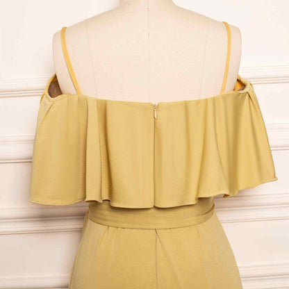 Yellow V Neck Flaunt Sleeves Faux-Wrap Chiffon Knee Length Bridesmaid Dress
