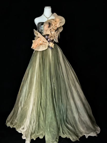 Vintage Olive Green One Tulle Appliques Long Birthday Prom Dress party Gown SP1596