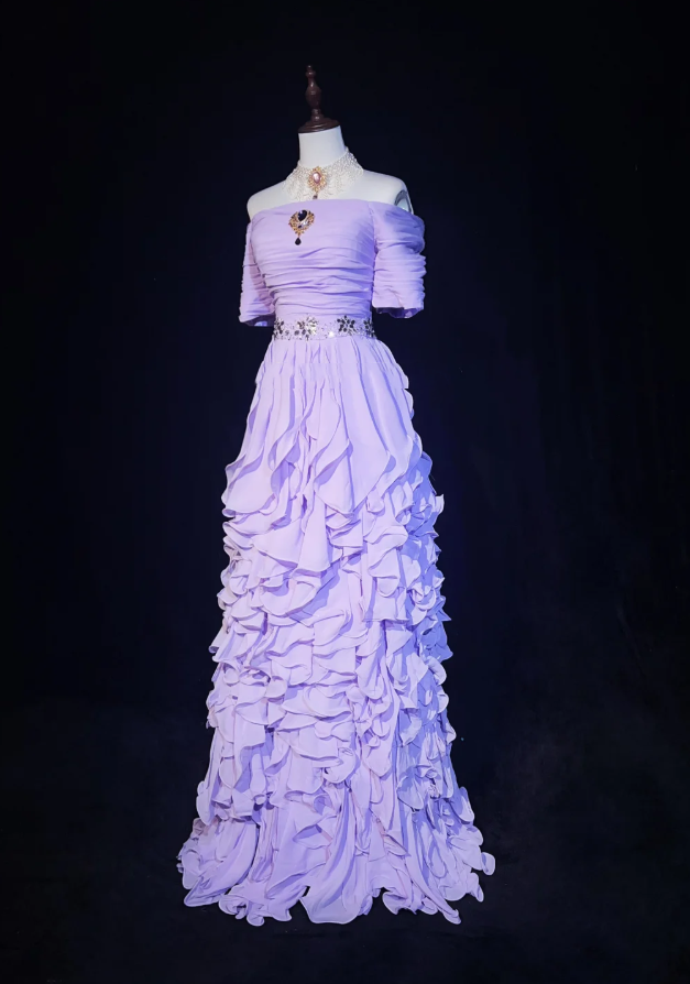 Classy Purple Off The Shoulder Chiffon Ruffle Long Evening Dress Formal 21th Birthday Outfits With Beads SP1969