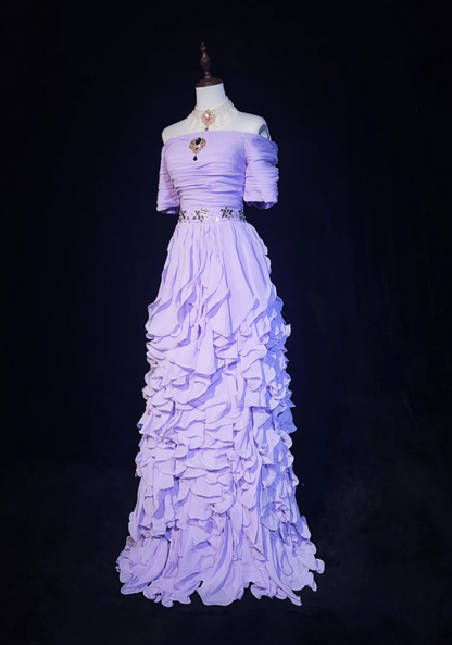 Classy Purple Off The Shoulder Chiffon Ruffle Long Evening Dress Formal 21th Birthday Outfits With Beads SP1969