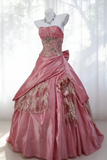 Stunning Pink Strapless Satin Lace Beaded Long Birthday Party Dress Prom Dresses SP1524
