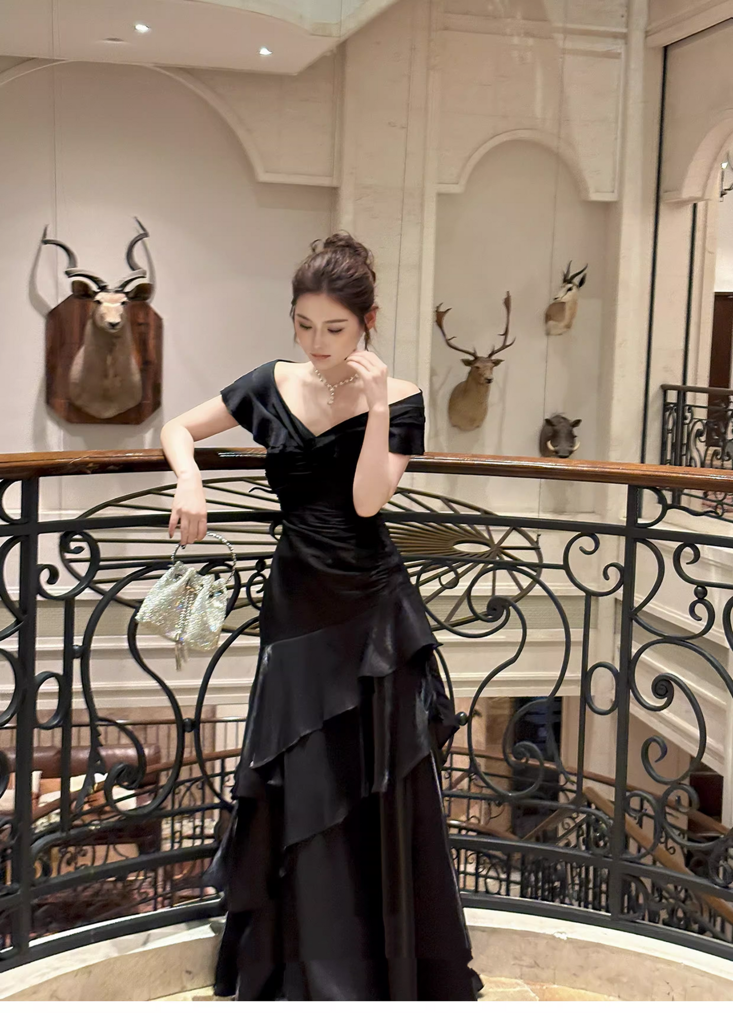 Gorgeous Off The Shoulder Satin Ruffles Layered Mermaid Long Party Dress Black Wedding Guest Dress SP1977
