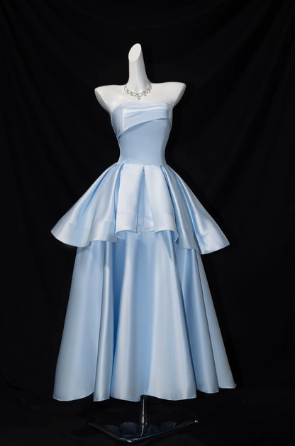 Classy Strapless Blue Satin Layered A Line Long Birthday Prom Dress Evening Gown SP1657