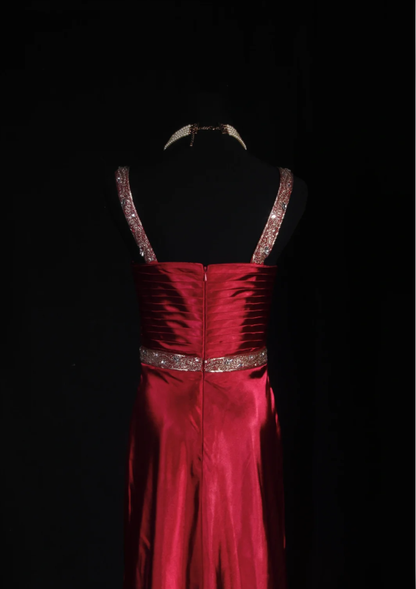 Pretty Burgundy Spaghetti Straps Satin Beaded Mermaid Long Evening Dress Prom Gown SP1697