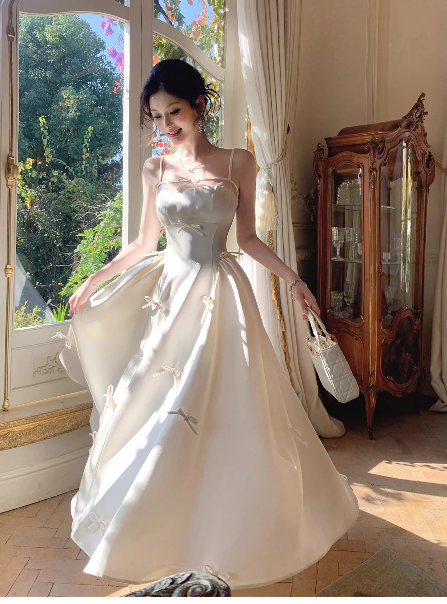 Elegant White Spaghetti Straps Satin A Line Long Evening Dress Birthday Prom Dress With Bow SP1539
