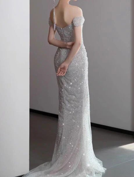Glitter Gray Off The Shoulder Tulle Sequin Beaded Mermaid Long Evening Dress Party Gown SP1555