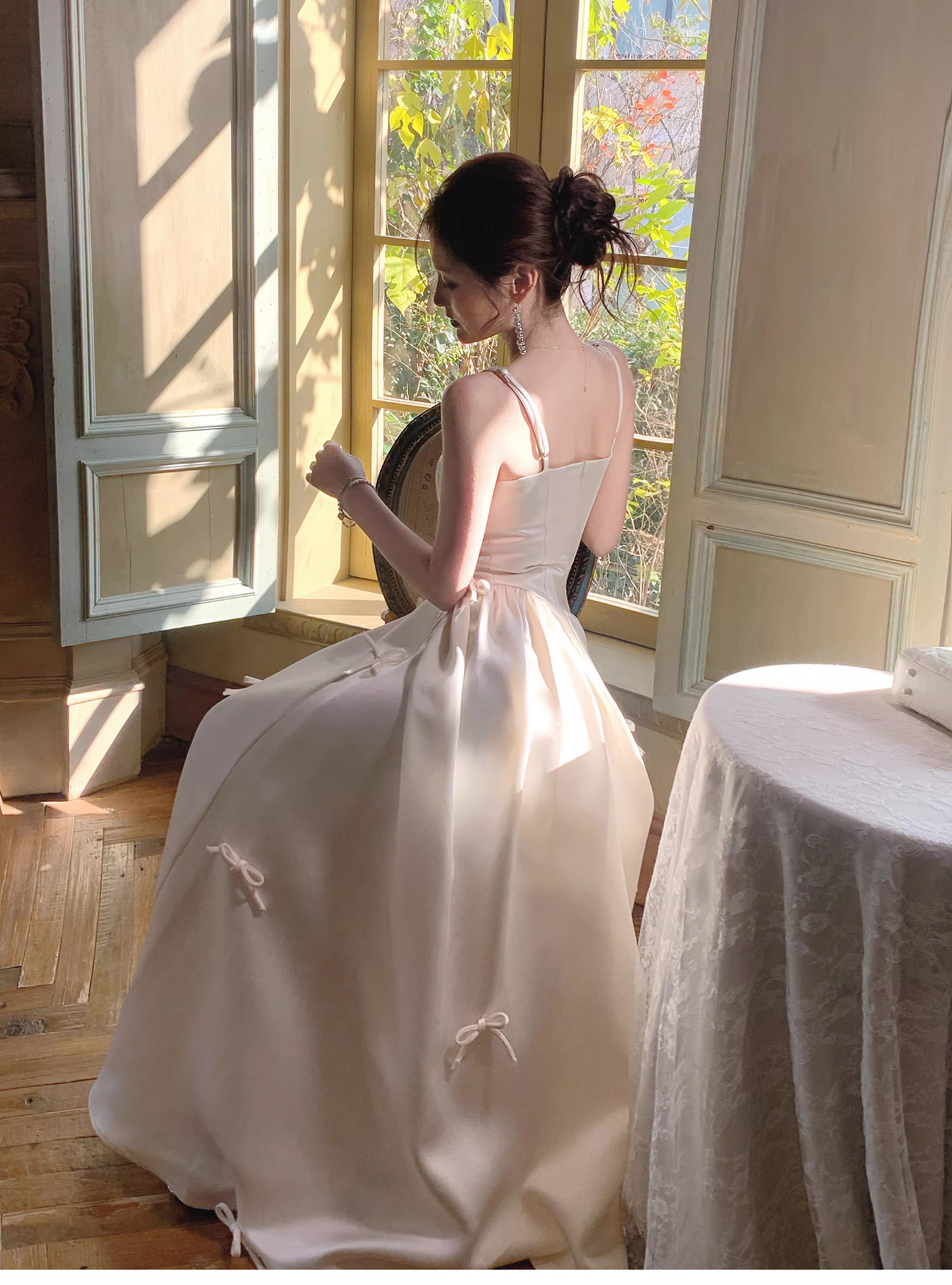 Elegant White Spaghetti Straps Satin A Line Long Evening Dress Birthday Prom Dress With Bow SP1539