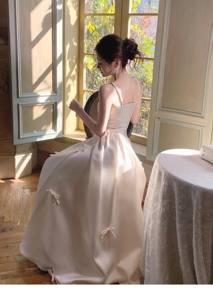 Elegant White Spaghetti Straps Satin A Line Long Evening Dress Birthday Prom Dress With Bow SP1539