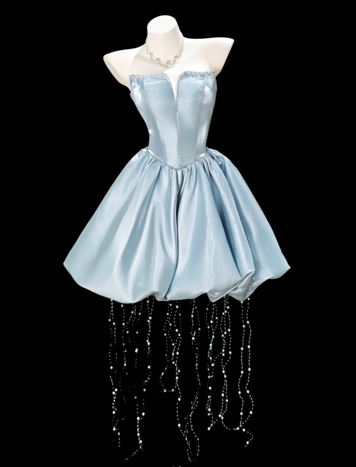 Classy Blue Strapless Satin Tulle Beaded A Line Long Party Dress 21st Birthday Outfits Two Piece SP1927