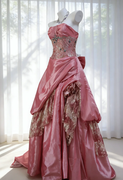 Stunning Pink Strapless Satin Lace Beaded Long Birthday Party Dress Prom Dresses SP1524