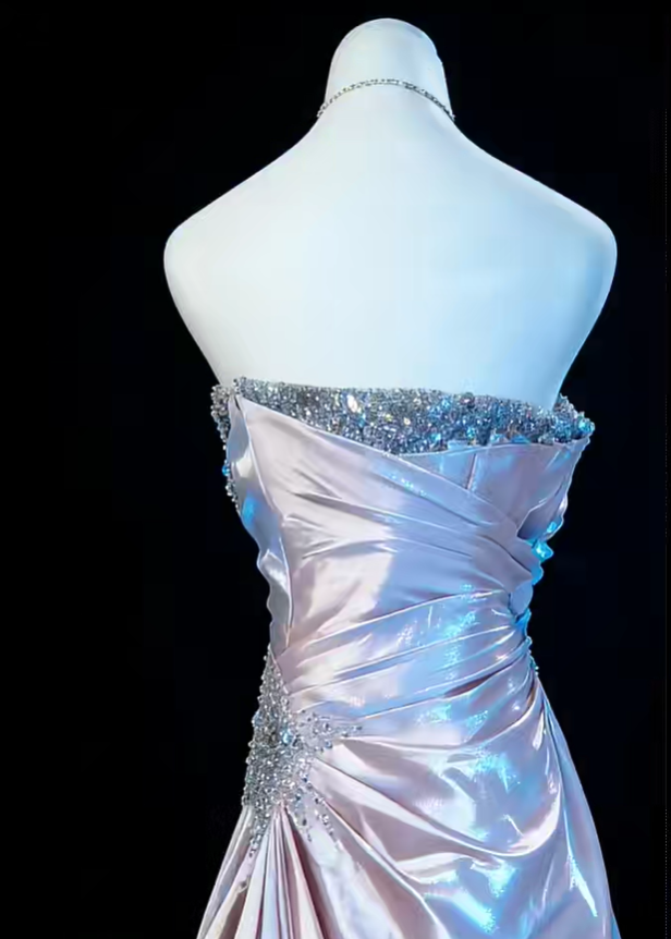 Elegant Purple Strapless Beaded Satin Pleated Mermaid Long Party Dress Prom Gown SP1851