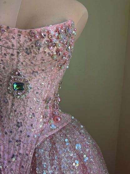 Gorgeous Strapless Sequin Beaded Ball Gown Pink Formal Quinceanera Dress SP1223
