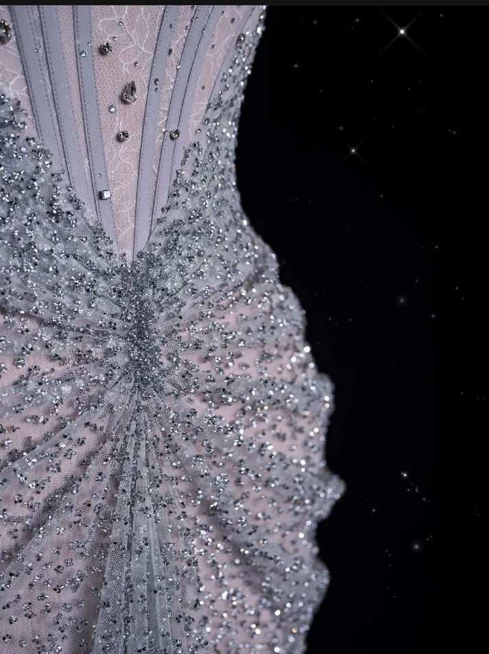 Glitter Gray Off The Shoulder Tulle Sequin Beaded Mermaid Long Evening Dress Party Gown SP1555
