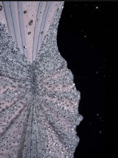 Glitter Gray Off The Shoulder Tulle Sequin Beaded Mermaid Long Evening Dress Party Gown SP1555