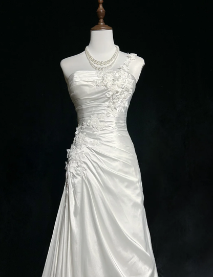 Pretty White One Shoulder Satin Pleated Appliques Mermaid Long Wedding Dress SP1284