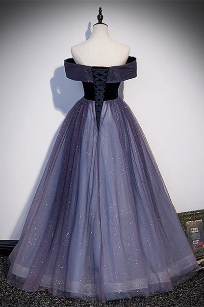 Sparkly A-Line Off-Shoulder Velvet And Tulle Prom Dress