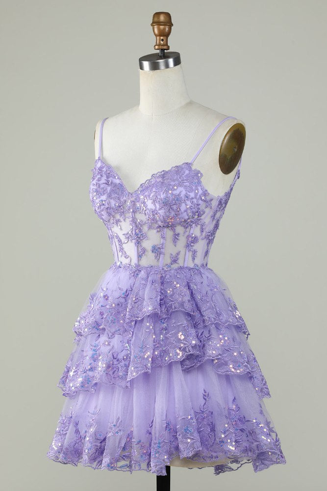 Lavender Straps A-Line Applique Tulle Homecoming Dress