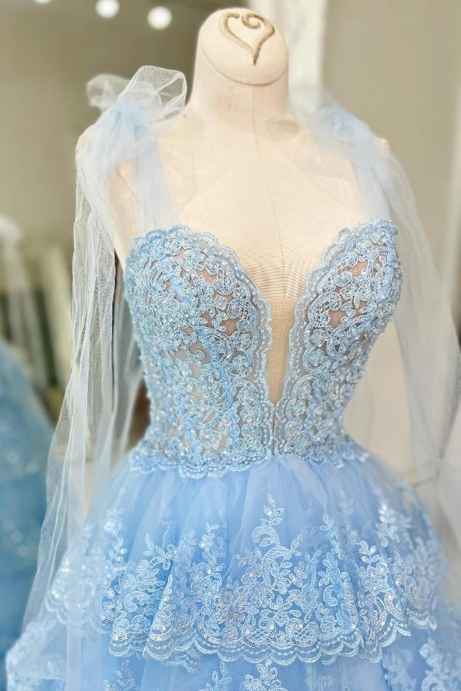 Light Blue Floral Appliques Bow Tie Straps A-line Long Prom Dress