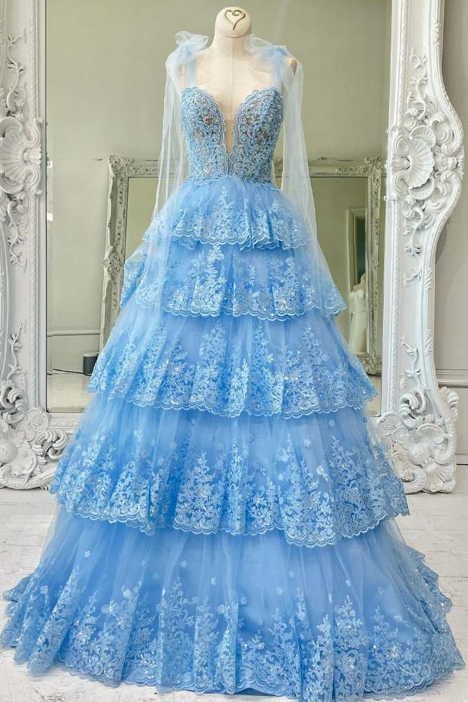 Light Blue Floral Appliques Bow Tie Straps A-line Long Prom Dress