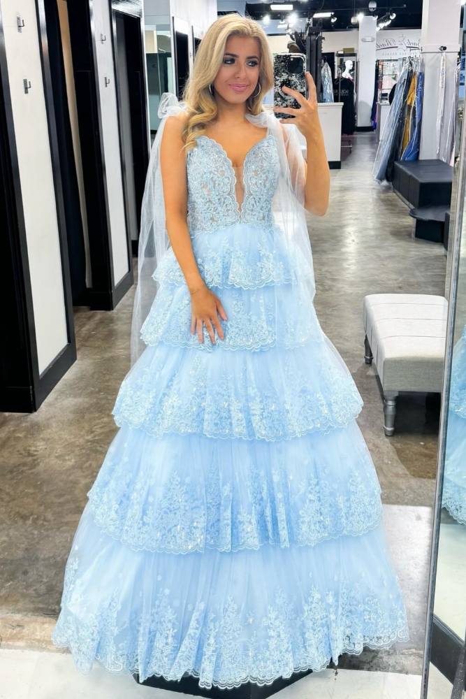 Light Blue Floral Appliques Bow Tie Straps A-line Long Prom Dress