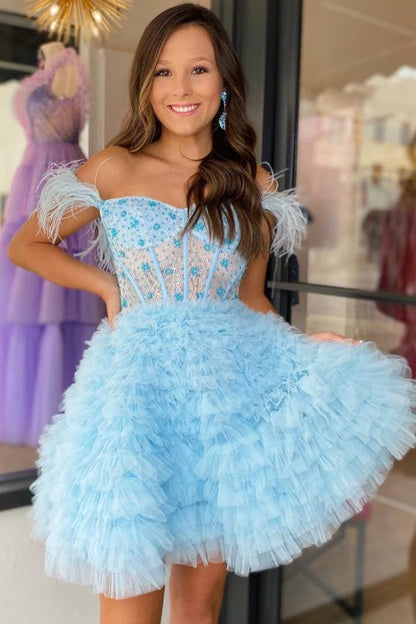 Light Blue Glitter V-neck Short Tulle Homecoming Dress