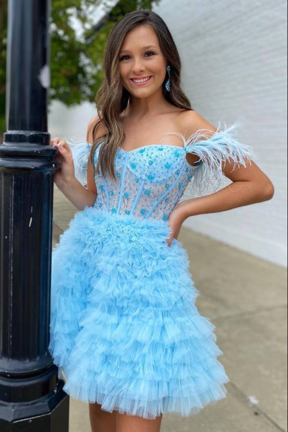 Light Blue Glitter V-neck Short Tulle Homecoming Dress