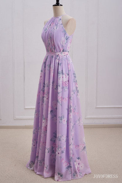 Light Purple Floral Print  Halter Long Bridesmaid Dress
