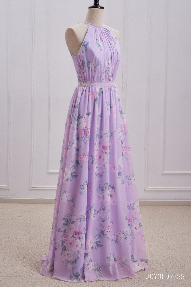 Light Purple Floral Print  Halter Long Bridesmaid Dress